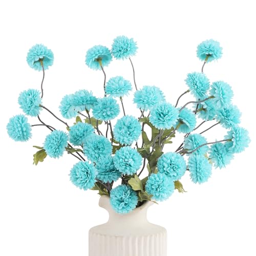 DuHouse 6pcs Artificial Flowers Faux Silk Pompon Mum,Silk Small Mini Chrysanthemum Ball with Stems for DIY Bouquets Centerpieces Vase Home Table Kitchen Decorations(Teal Blue) - color: Teal Blue, size: 6pcs