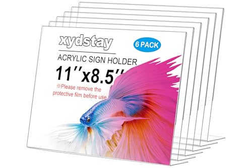 xydstay 6pack Acrylic Sign Holder Horizontal, 8.5x11 for Picture Frames, L Shape Clear Plastic, Plastic Sign Holder, Table Sign Holder, Unbreakable Menu Holder for Restaurant, Office, School, Store and Home Use