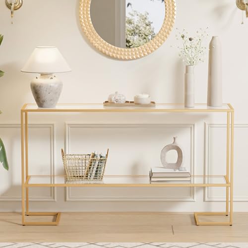 Cozy Castle 52" Entryway Table, 2-Tier Narrow Console Table with Tempered Glass & Sturdy Metal Frame, Modern Sofa Table with Storage Shelves for Entryway, Hallway, Foyer, Living Room, Gold - color: Gold Metal Frame