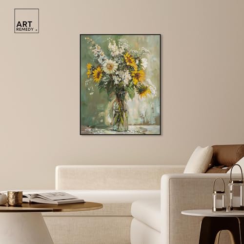 Art Remedy Sunflowers In A Glass Vase Canvas Vintage Farmhouse Wall Art, Black Frame, 36" x 45" - color: Black Frame, size: 46"L x 37"W