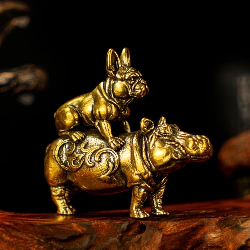 CHOVY Whimsical Brass Animal Sculpture - French Bulldog on Hippo Figurine, Solid Metal Handmade Vintage Collectible, Unique Desk Curio for Office, Shelf Display & Humorous Gift for Pet Lovers - color: Hippo and French Bulldog