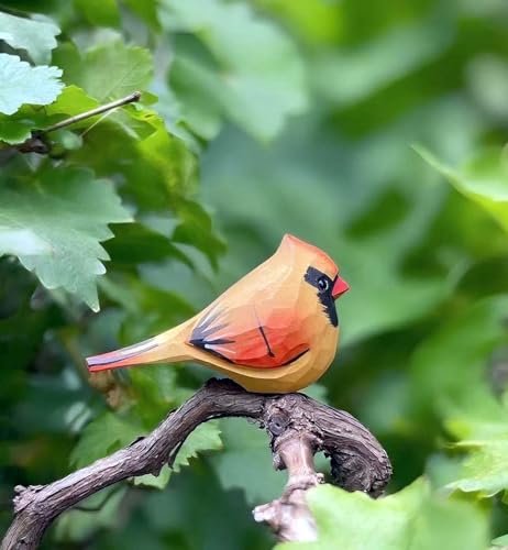 Handmade Wooden Northern Cardinal Figurine - 3.7" Hand-Carved Female Bird Statue - Solid Basswood Bird Sculpture for Home Decor, Christmas Ornament, Memorial & Bird Lover Gift - color: Yellow