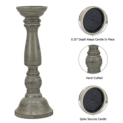 Solid Wood Candle Pillar Holder - Set of 3 Handcarved Candlestick Holder Stand - Boho Rustic Holiday Table Centerpiece Farmhouse Mantle - 17" 14" 11" H - Antique Charcoal Grey Distressed -COTTON CRAFT