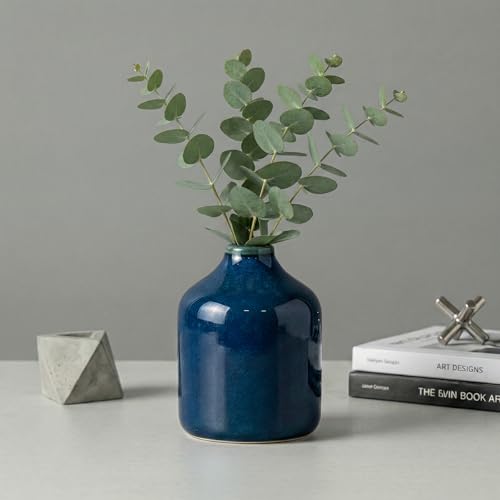 Sunddo Blue Ceramic Vase for Pampas Grass - 4 Inch Small Decorative Flower Vase, Farmhouse Coastal Vases Home Decor, Shelf, Office, Bathroom Decoration, Book Shelf, Night Stand Decor - color: Dark Blue, size: 4 inch