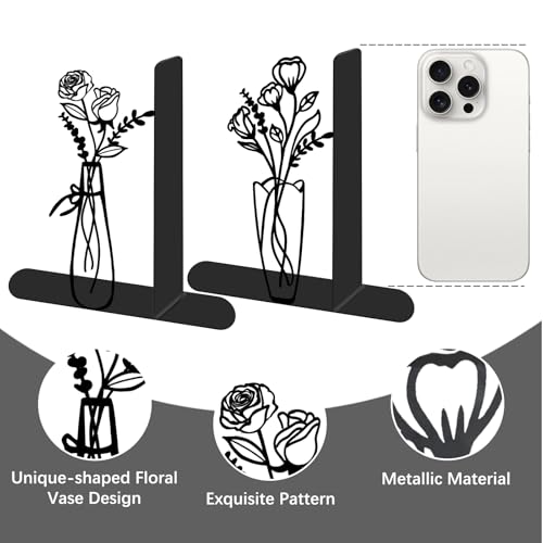 4 Pcs Floral Metal Bookends - Flowers Book Ends for Shelves Decorative, Home Office Desk Bookshelf Decor, Gift for Floral Lovers and Reading Enthusiasts, Reading Gifts for Women - color: Flower