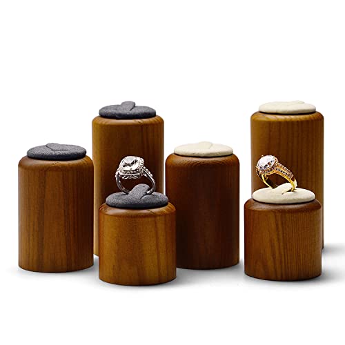 Solid Wood Ring Display Stand 3 Piece Cylindrical Microfiber Ring Holder Wooden Jewelry Display Holders Showcase Display (Gray) - color: Grey