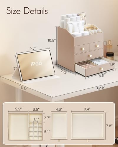Vlando Makeup Organizer Countertop,Large Vanity Organizer PU Leather Make up Storage with 4 Drawers Skin care Organizer Cosmetic Display Case for Lipstick,Brushes,Bedroom-Toffee - color: 4 layers-Toffee