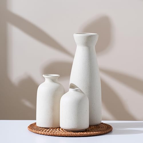 Ceramic Small Vase Set of 3,Modern Boho Farmhouse Home Decor,Pampas Grass Vase,Minimalist Decor,for Entryway Table,Bookshelf,Living Room, Bedroom,Kitchen,Coffee Table Decoration (White) - color: Beige Set 3