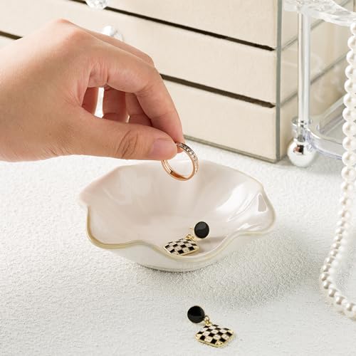 Ceramic Ring Dish, Jewelry Dish Holder, Small Trinket Tray Plate for Earrings Rings Necklaces Keys, for Mom Friend Sister (White Surface) - color: White Surface
