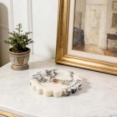 Koville 5.51" Scalloped Calacatta Viola Marble Tray, Round Stone Jewelry Trinket Dish for Ring, Natural Small Marble Tray for Bathroom Kitchen Dresser Countertop, Decorative Candle Tray - color: Calacatta Viola, size: D=5.51"