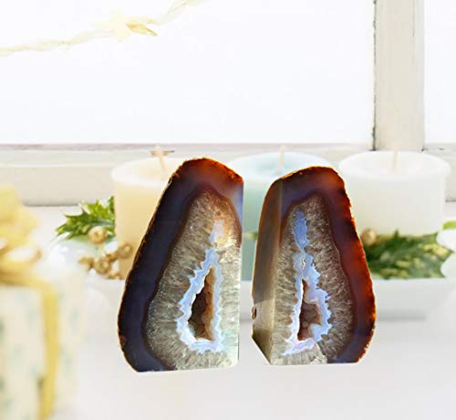 AMOYSTONE Geode Bookends Agate Shelve Decor Crystal Book Ends for Heavy Books Nature Brown with Rubber Bumper(1 Pair, 3-4 LBS) - color: Nature, size: 3-4LBS