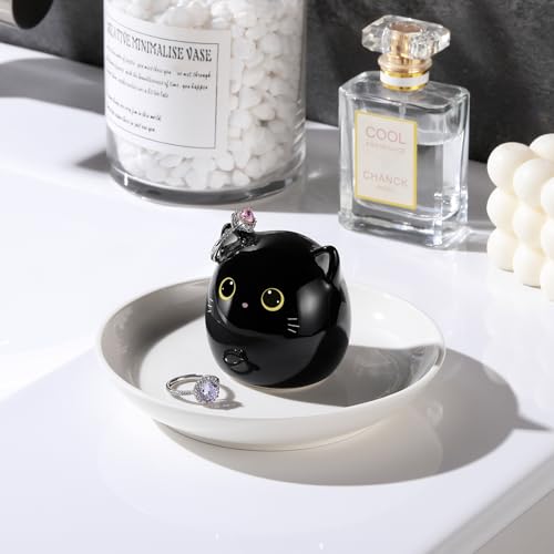 PUDDING CABIN Cat Lover Gifts for Women, Black Cat Ring Holder Dish for Jewelry Rings Earrings Necklace Watch Keys, Birthday Christmas Engagement Wedding Gifts - style: Black Kitty