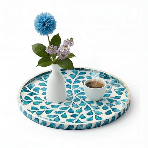 Chunful Mother of Pearl Round Serving Tray Wood Coffee Table Tray 10.4 Inch for Tea Breakfast Kitchen Cabinet(Teal Floral Style) - style: Teal Floral Style