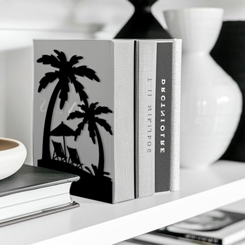 Peacoblue Metal Bookends for Shelves, Modern Decorative Heavy Duty Study Book Support Stoppers for Office, Desk, Shelf, Room 5.3"x4.3"x7.9" Cast Iron Simple Tall Bookends, 1 Pair (Beach and Palm) - style: Beach and Palm