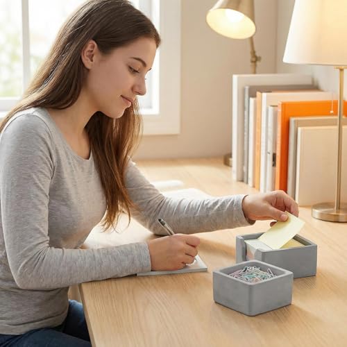 Concrete Desk Organizer Set of 2 - Minimalist Sticky Note Holder & Paper Clip Dispenser - Heavy Duty Office Desk Accessories with Non-Slip Base for Home Workspace Organizer & Desk Decor, Gray - color: Gray