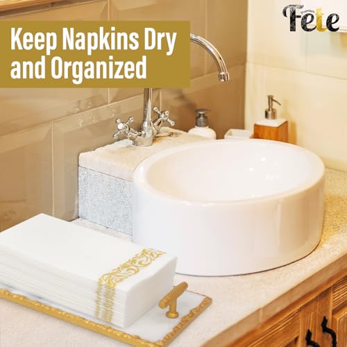 Guest Towel Holder Tray for Bathroom - Premium Marble Tray with Gold Rim - Bathroom Hand Towel Tray, The Perfect Vanity Tray for Bathroom. Ideal Valentines Day Gift. - color: Gold Rim