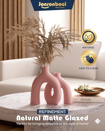 Hug Donut Decorative Vase Set - Light Pink Modern Glam Eclectic Style Vases Home Decor, Matte Ceramic Decorations for Living Room Shelf, Bookshelf Mantle Entryway Table or Console Décor(Pink) - color: Pink