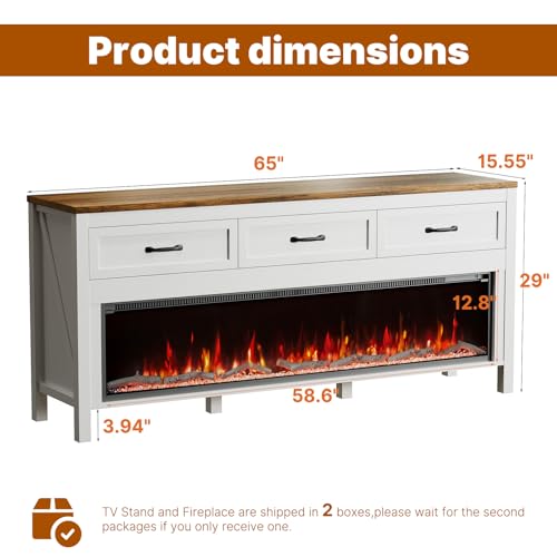 BVIUNTWO Modern Fireplace TV Stand for Up to 75 Inch TV, Entertainment Center with 60" Electric Fireplace for 65 75 Inch TV, 65" TV Stand with Storage Cabinet Drawer for Living Room (Off White) - size: 65 Inch