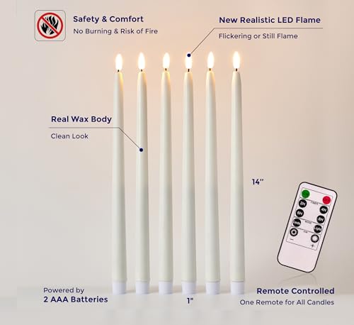 VENTA Set of 6 Flameless Taper Candles with Remote | 14-Inch Ivory LED Candlesticks with Timer | Realistic Flickering Light for Wedding Centerpieces, Dinner Table & Home Decor - color: Taper Long