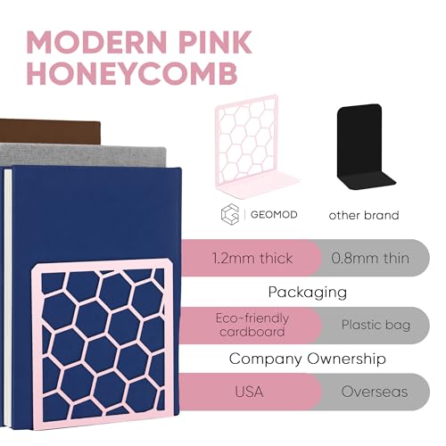 GEOMOD Geometric Honeycomb Pink Metal Bookends Decorative - Tall Sturdy Book Ends for Shelves - Modern Heavy Duty Bookend Stopper - Office or Home Book Shelf Book Holder - 6x3.25x6.25 Inches - 1 Pair - color: Pink, size: 1 Pair, style: Honeycomb