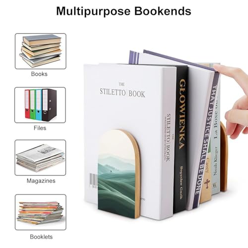 Abstract Landscape Wooden Bookends Shelves 2 PCS Rolling Hills Clear Sky Minimalist Design Sturdy Book Holders Desktop Organizer for Home Office Libraries - color: Color-4