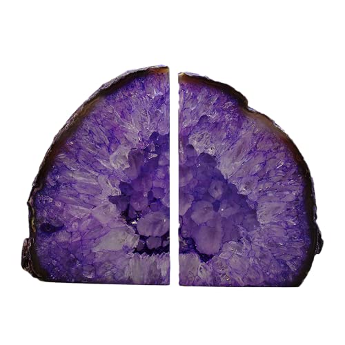 JIC Gem Purple Agate Bookends Geode Book Ends Heavy Duty Crystal Bookends Decorativer with Rubber Bumpers (1 Pair, 4-6 LBS) - color: Purple Dyed, size: 4-6LBS.