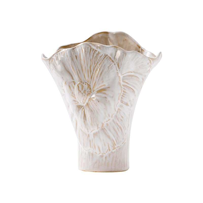 Handmade Vintage Ceramic Vase with Open Hand Drawn Beige Flower Pattern and Innovative Floral Design