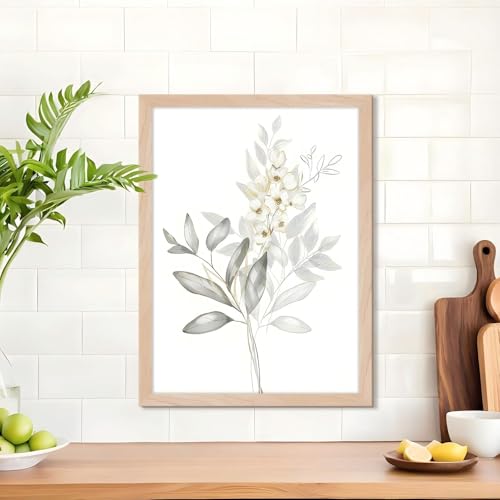 Framed Nature Botanical Wall Art Set of 2, White Floral with Green Eucalyptus Leaves Canvas Prints, Modern Minimalist Flower Painting Picture For Kitchen, Bedroom, Dining Room,Bathroom Decor, 8x10IN - color: White Floral Framed, size: 10"L x 8"W