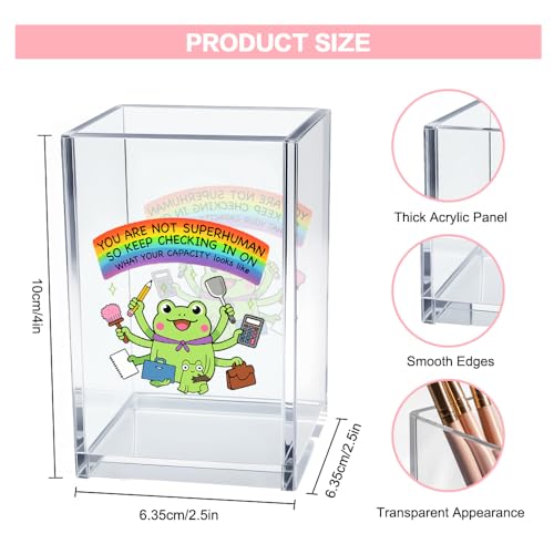 You Are Not Superhuman Acrylic Cosmetic Pencil Pen Holder Cup, Boho Cute Frog Desk Organizer Accessory for Home Office Decor, Frog Lovers Gifts, Funny Sarcastic Work Gifts for Women Men Coworker - style: You Are