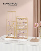 SONGMICS Jewelry Holder, Jewelry Storage Organizer Stand with Metal Frame, Velvet Tray, 12.1 to 18.7 Inches Tall Height Adjustable Necklace Holder, for Rings, Earrings, Pale Gold UJJS026A01 - color: Pale Gold