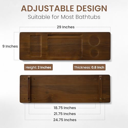 Teak Bathtub Tray - Wood Bath Caddy Tray 29" for Small Tubs - Adjustable Bathtub Table Trays - Luxury Shower Organizer for Home Spa Relaxation and Reading - Dark Walnut Color - color: Dark Walnut-a, size: 29" x 9" x 2"