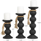 Deco 79 Wood Handmade Decorative Candle Holder Bubble Inspired Matte Candle Stand with Beaded Garland Accent, Set of 3 Candlestick Holder 15", 12", 9" H, Black