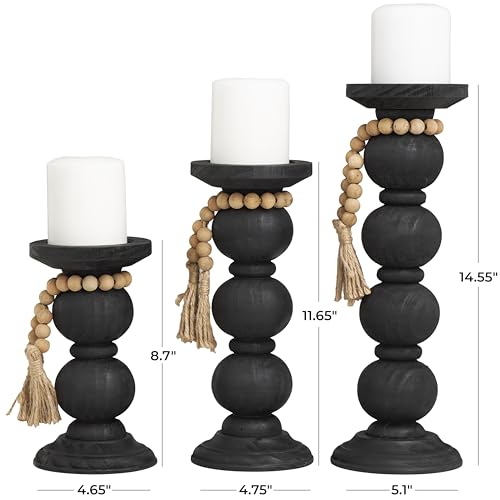 Deco 79 Wood Handmade Decorative Candle Holder Bubble Inspired Matte Candle Stand with Beaded Garland Accent, Set of 3 Candlestick Holder 15", 12", 9" H, Black