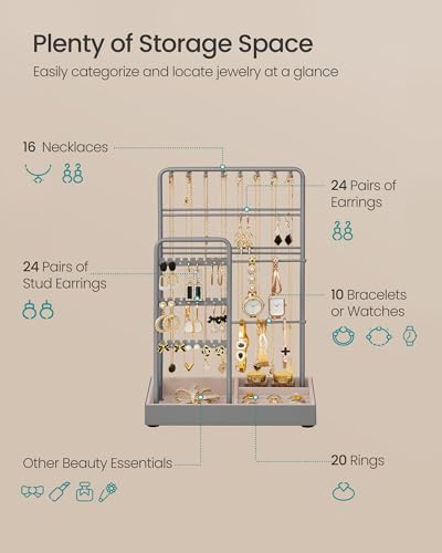 SONGMICS Necklace Holder, Jewelry Stand Holder Organizer, Jewelry Display with Metal Frame, Velvet Tray, Earring Bracelet Holder, for Gift Idea, 4.5 x 7.7 x 12.1 inch, Dove Gray UJJS021G01 - color: Dove Gray, size: 4.5"D x 7.7"W x 12.1"H