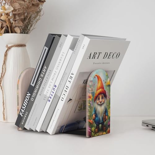 Decorative Bookends Floral Painting Gnome Flowers Kids Wood Bookends 2 Pcs Book Stoppers for Shelves Desk Non-Skid Modern Bookends for Office Kitchen School
