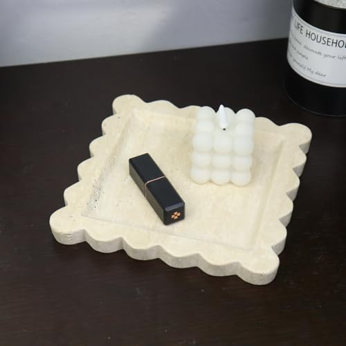 Square Marble Decorative Tray with Scalloped Edge, Luxury Natural Stone Bathroom Vanity Tray, Dresser Top Perfume Coffee Home Kitchen Sink Tray, Key Trinket Ring - color: Beige Travertine