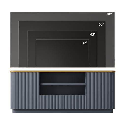 QUW 70" Fluted TV Stand for TVs Up to 80", Modern Entertainment Center with 2 Drawers & Cabinets, TV Console with Curved Profile Design, Luxury Wooden Media Console for Living Room, Navy Blue - color: Navy Blue