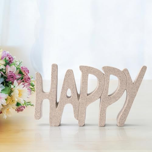 Happy Sign Decor Statue for Shelf Living Room Bookshelf CoffeTable and Office Display, Modern Home Decor Aesthetic Sculpture, Unique Gift for Mom Grandmom Womens Mens or Friends (Sandstone)