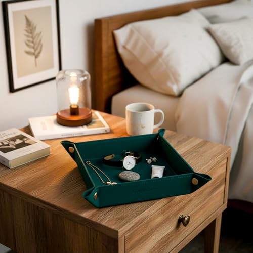 UnionBasic Valet Tray, Jewelry Tray for Rings Watches Earrings, Entryway Catchall Caddy for Coins Keys Change, Nightstand Organizer Bedside Valet Holder, Trays for Electronic Gadgets, Vintage Green - color: Blackish Green, size: 5.4" x 5.4" x 1.6"