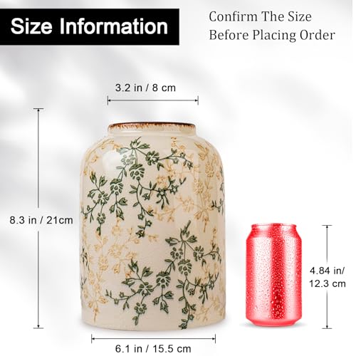 Green Chinoiserie Floral Vase, Ceramic Farmhouse Flower Vase, Creative Ice Cracked Vintage Vases for Home Decors, Cottage, Dining Coffee Table Centerpiece, Bookshelf, Tuscan Decor,8.3 Inch - color: Green and Beige02