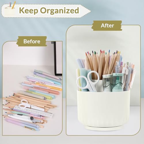 SKYDUE 360 Degree Rotating Desk Organizer, Small Dual-Purpose Pencil Pen Holder for Desk, Rotating Pencil Cup with 5 Slots, Office Supplies, Desk Decor for Office, School, Home - color: Cream