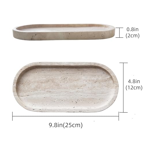Oval Travertine Tray 4.8 in x 9.8 in for Bathroom Dresser Countertop Organizer, Natural Marble Vanity Tray for Perfume, Candles, Ring, Decorative Jewelry Dish