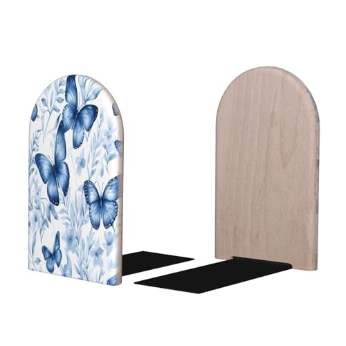 Decorative Bookends 2 Pcs Blue Butterfly Flower Leaves Wood Bookends for Shelves Heavy Books Kids Non-Skid Book Ends Stoppers for Office Desk Kitchen School - color: Blue Butterfly Flower Leaves