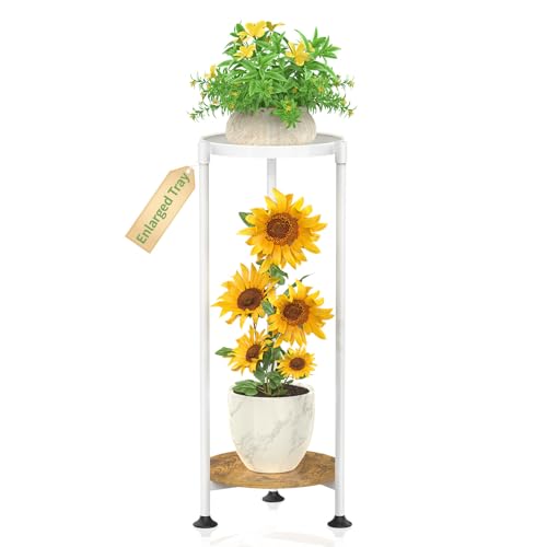 KMOTASUO 2 Tier White Plant Stand Indoor for Large Tall Heavy Duty Planter, Multiple Sturdy Metal Flower Corner Rack for Narrow House Floor, Iron Vertical Level Round Orchi Holder Organizer, Modern - color: White + Brown, size: 2 Tier