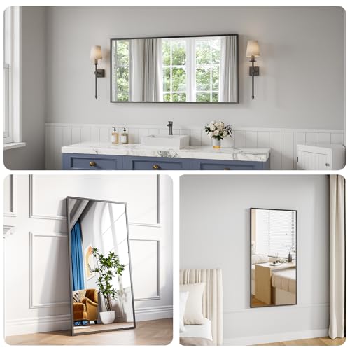 Koonmi Bathroom Mirror for Wall, 24"x48" Black Bathroom Mirror for Over Sink, Shatterproof Tempered Glass Vanity Mirror with Anti-Rust Aluminum Alloy Frame, Hang Horizontally or Vertically - color: Square Edged, size: 48"L x 24"W