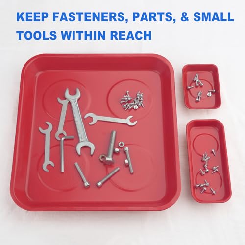 8 PCS Magnetic Trays, Include 2 PCS 11.4 X10.6Inch & 3 PCS 6 X 2.5 Inch & 3 PCS 3.6 X 2.5 Inch, Magnet Tool Tray, Magnetic Parts Tray, Red, by GENHAKON - size: 8 PCS Rectangle Red