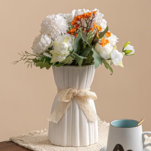White Ceramic Vase with Lace Bow & Ribbed Texture - 7.7" Unique Flower Vase for Pampas Grass & Centerpieces, Farmhouse/Boho Decorative Vase for Living Room, Office Desk & Gift for Her/Yourself - color: Lace Bow Vase