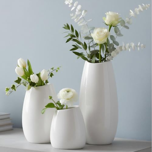 hjn Ceramic Vase Set of 3 White Flower Vase for Home Decor, Modern Decorative Vases for Flowers/Ideal Shelf Decor/Table/Living Room/Kitchen/Office-White - color: White