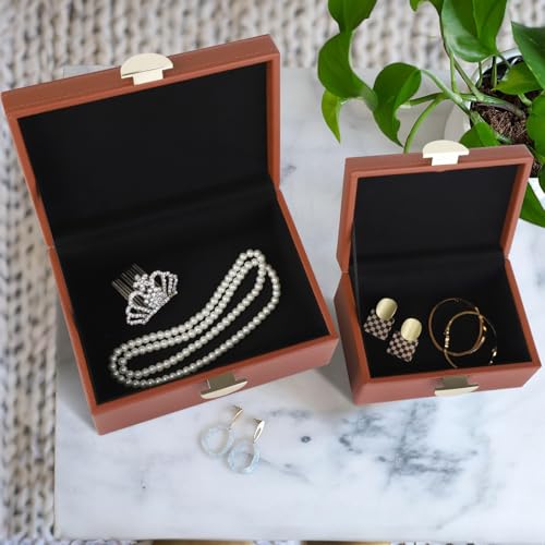 HofferRuffer Faux Leather Jewelry Boxes, Decorative Boxes Storage Accessory Organizer with Gold Hardware Decor, Classic Vegan Leather Set of 2 Pieces (Brown) - color: Brown