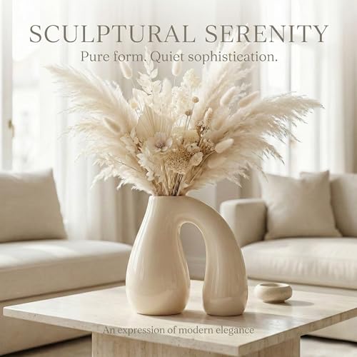 Cream White Ceramic Vase for Modern Home Decor 7.5" Sculptural U-Shape Pitcher Vase Arch Handle, Small Neutral Aesthetic Flower Vase for Pampas Grass, Dried Flowers, Shelf Entryway Decor PROBENEX - color: White